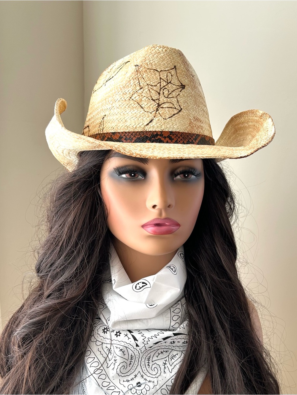 Shyanne Woven Floral Tan Straw Brown Silver Buckle Hatband Cowboy Hat NWT OS